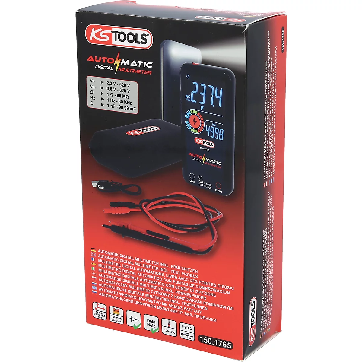 Ein Multimeter auf einer Verpackung. Das Gerät zeigt Werte an. Auf der Verpackung ist der Markenname KS Tools zu sehen. Unten befinden sich technische Daten.